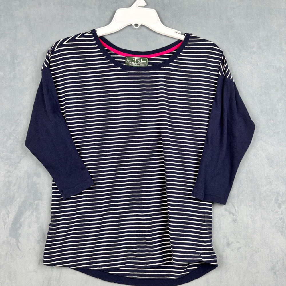 Lauren Active Ralph Lauren Navy White Striped 3/4 Sleeve Top Medium RN 41381